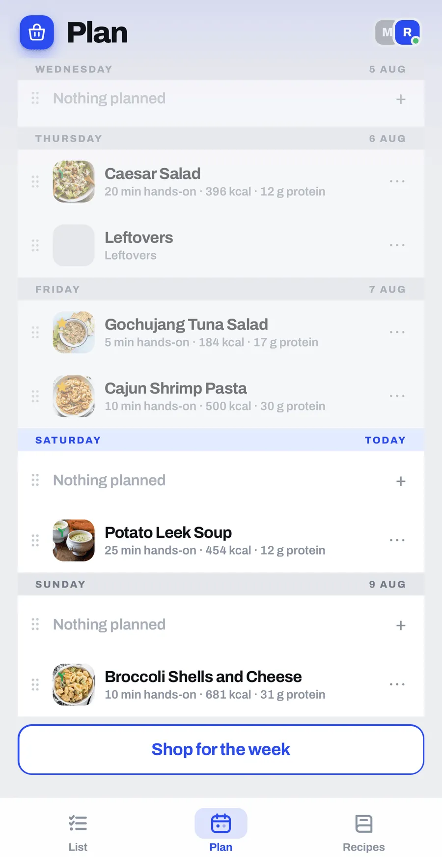 Kori's weekly plan: meals slotted against each day of the week, with a Shop for the week button at the bottom.