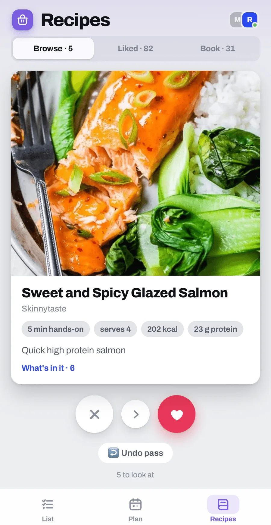 Kori's recipe browser: a full-bleed photo of a dish with hands-on time, servings, calories and protein, and buttons to pass or save it to the book.